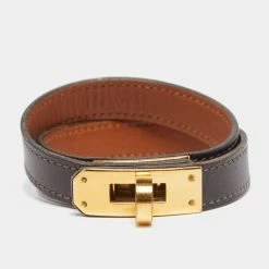 Hermes Hermès Brown Leather Gold Plated Kelly Double Tour Wrap Bracelet M For Women