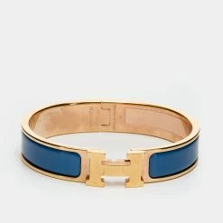 Hermes Hermès Clic H Blue Enamel Rose Gold Plated Narrow Bracelet For Women