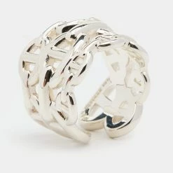 Hermes Hermès Sterling Silver Chaine D'ancre Enchainee Ring Size EU 53 For Women