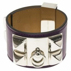 Hermes Hermès Collier De Chien Purple Calfskin Leather Palladium Plated Bracelet S For Women