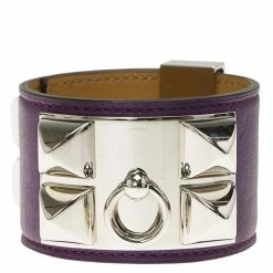 Hermes Hermès Collier De Chien Purple Calfskin Leather Palladium Plated Bracelet S For Women -Deals Hermes Store luxury women hermes used accessories p63547 003