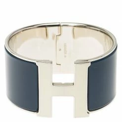 Hermes Clic H Extra Wide Blue Enamel Palladium Plated White Lacquered H Bracelet For Women