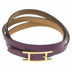 Hermes Hermès Hapi 3MM Purple Gold Tone Leather Bracelet For Women