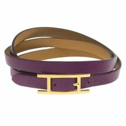 Hermes Hermès Hapi 3MM Purple Gold Tone Leather Bracelet For Women -Deals Hermes Store luxury women hermes used accessories p63555 003