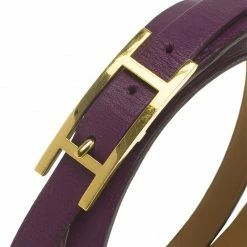 Hermes Hermès Hapi 3MM Purple Gold Tone Leather Bracelet For Women -Deals Hermes Store luxury women hermes used accessories p63555 005