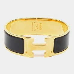 Hermes Hermès Clic Clac H Black Enamel Gold Plated Wide Bracelet For Women