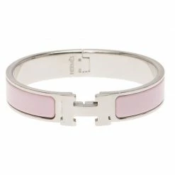 Hermes Clic Clac H Narrow Pink Enamel Palladium Plated Bracelet PM For Women