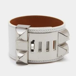 Hermes Hermès White Leather Palladium Plated Collier De Chien Bracelet T2 For Women -Deals Hermes Store luxury women hermes used accessories p641241 003