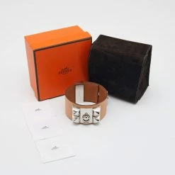 Hermes Hermès Cream Leather Palladium Plated Collier De Chien Bracelet For Women -Deals Hermes Store luxury women hermes used accessories p641246 001
