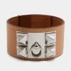 Hermes Hermès Cream Leather Palladium Plated Collier De Chien Bracelet For Women