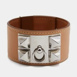 Hermes Hermès Cream Leather Palladium Plated Collier De Chien Bracelet For Women