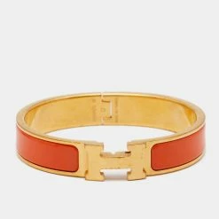 Hermes Clic H Gold Plate Orange Enamel Cuff Bracelet PM For Women
