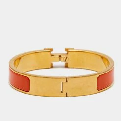 Hermes Clic H Gold Plate Orange Enamel Cuff Bracelet PM For Women -Deals Hermes Store luxury women hermes used accessories p641283 003