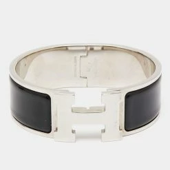 Hermes Hermès Clic Clac H Black Enamel Palladium Plated Wide Bracelet PM For Women