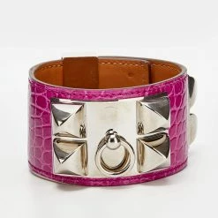 Hermes Collier De Chien Pink Leather Lizard Wide Bracelet For Women