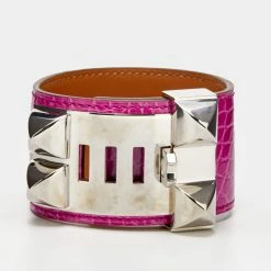 Hermes Collier De Chien Pink Leather Lizard Wide Bracelet For Women -Deals Hermes Store luxury women hermes used accessories p644349 002