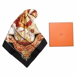 Hermes Black And Red Au Dela Des Cinq Mers Silk Square Scarf For Women -Deals Hermes Store luxury women hermes used accessories p64780 006