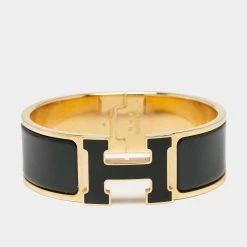 Hermes Clic H Black Enamel Gold Tone Metal Bracelet For Women