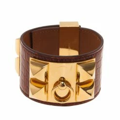 Hermes Collier De Chien Brown Alligator Cuff Bracelet L For Women
