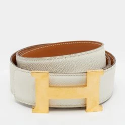 Hermes White Epsom Leather H Constance Reversible Belt 95CM For Women