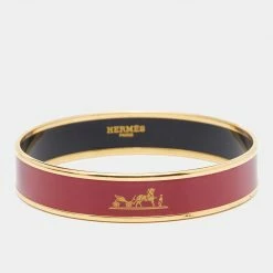 Hermes Hermès Red Enamel Calèche Narrow Bangle Bracelet For Women