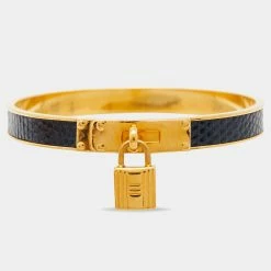 Hermes Hermès Kelly Lock Cadena Blue Leather Gold Tone Metal Bangle Bracelet For Women