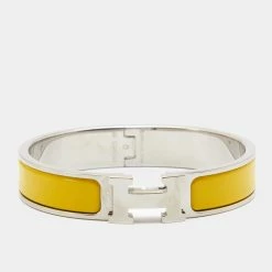 Hermes Hermès Clic H Yellow Enamel Palladium Plated Metal Bracelet For Women