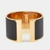 Hermes Hermès Clic Clac H Black Enamel Gold Tone Metal Extra Wide Bracelet For Women