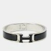 Hermes Hermès Clic H Black Enamel Palladium Plated Narrow Bracelet For Women