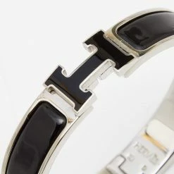 Hermes Hermès Clic H Black Enamel Palladium Plated Narrow Bracelet For Women -Deals Hermes Store luxury women hermes used accessories p656656 003