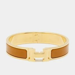 Hermes Hermès Clic H Brown Enamel Gold Plated Narrow Bracelet For Women