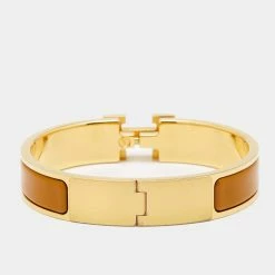 Hermes Hermès Clic H Brown Enamel Gold Plated Narrow Bracelet For Women -Deals Hermes Store luxury women hermes used accessories p656731 003