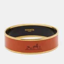 Hermes Wide Orange Enamel Gold Tone Metal Bangle Bracelet For Women