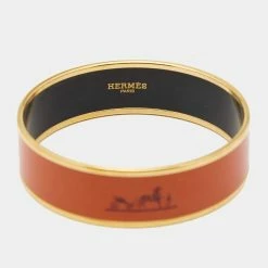 Hermes Wide Orange Enamel Gold Tone Metal Bangle Bracelet For Women -Deals Hermes Store luxury women hermes used accessories p659655 003