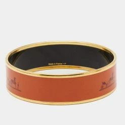 Hermes Wide Orange Enamel Gold Tone Metal Bangle Bracelet For Women -Deals Hermes Store luxury women hermes used accessories p659655 004