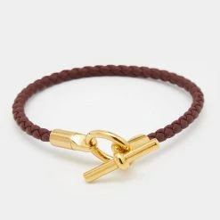 Hermes Glenan H Brown Leather Gold Tone Metal Bracelet For Women