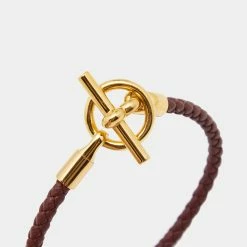Hermes Glenan H Brown Leather Gold Tone Metal Bracelet For Women -Deals Hermes Store luxury women hermes used accessories p659663 005