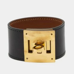 Hermes Hermès Kelly Dog Black Leather Gold Plated Bracelet For Women