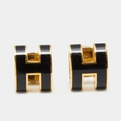Hermes Hermès Pop H Black Lacquered Gold Tone Stud Earrings For Women