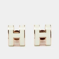 Hermes Pop H White Lacquer Rose Gold Tone Stud Earrings For Women
