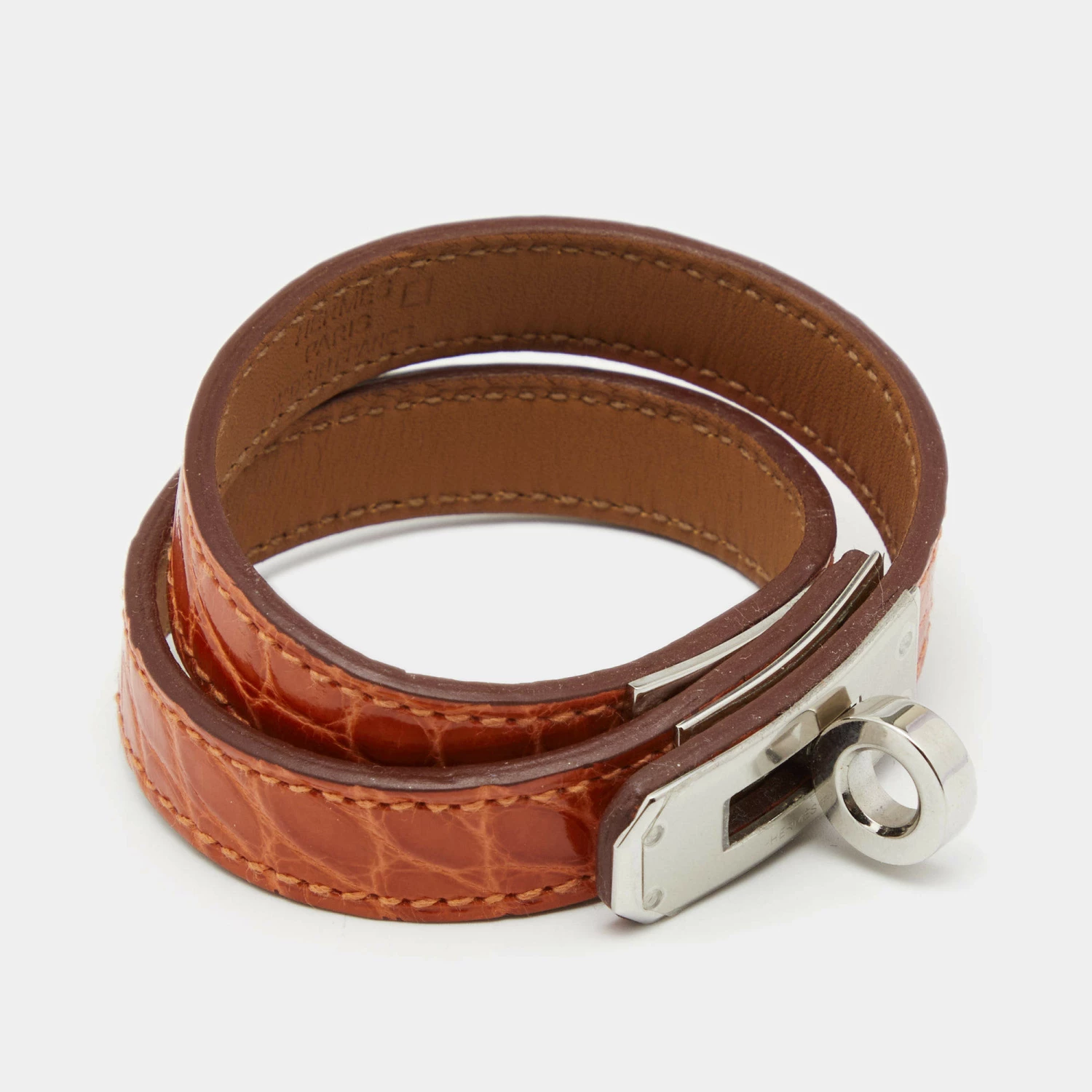 Hermes Kelly Double Tour Orange Alligator Leather Silver Tone Wrap Bracelet S For Women 5 Hermes Kelly Double Tour Orange Alligator Leather Silver Tone Wrap Bracelet S For Women - Image 3