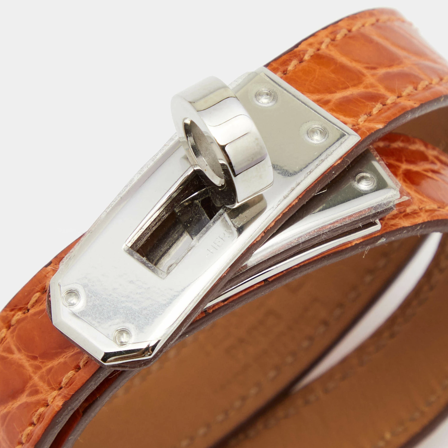 Hermes Kelly Double Tour Orange Alligator Leather Silver Tone Wrap Bracelet S For Women 4 Hermes Kelly Double Tour Orange Alligator Leather Silver Tone Wrap Bracelet S For Women - Image 2