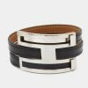 Hermes Pousse Pousse Black Leather Palladium Plated Adjustable H Bracelet For Women -Deals Hermes Store luxury women hermes used accessories p661777 001