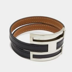 Hermes Pousse Pousse Black Leather Palladium Plated Adjustable H Bracelet For Women -Deals Hermes Store luxury women hermes used accessories p661777 002