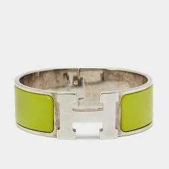 Hermes Hermès Clic Clac H Neon Green Enamel Palladium Plated Wide Bracelet For Women