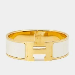 Hermes Hermès Clic Clac H White Enamel Gold Plated Wide Bracelet For Women