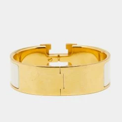 Hermes Hermès Clic Clac H White Enamel Gold Plated Wide Bracelet For Women -Deals Hermes Store luxury women hermes used accessories p661788 003