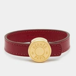 Hermes Clou De Selle Red Leather Gold Tone Bracelet M For Women