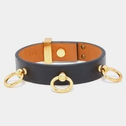 Hermes Mini Dog Black Leather Gold Tone Bracelet For Women