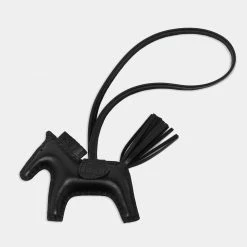 Hermes Black Milo Lambskin Leather And Matte Alligator Rodeo Horse PM Bag Charm For Women